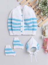 Little Angels Little Angels V-Neck Full Sleeves Full Sleeves Striped Cardigan, Tie-Knot Cap and Socks Sweater Sets Little Arrows Feather-Touch Outfit 0-3M / Baby Wool / Blue